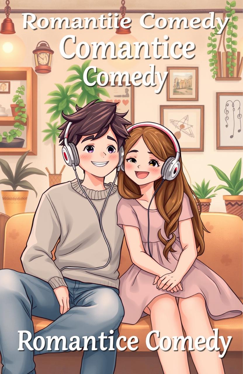 A charming romantic comedy book cover featuring a cute girl and a boy sitting closely next to each other, sharing a pair of oversized earphones