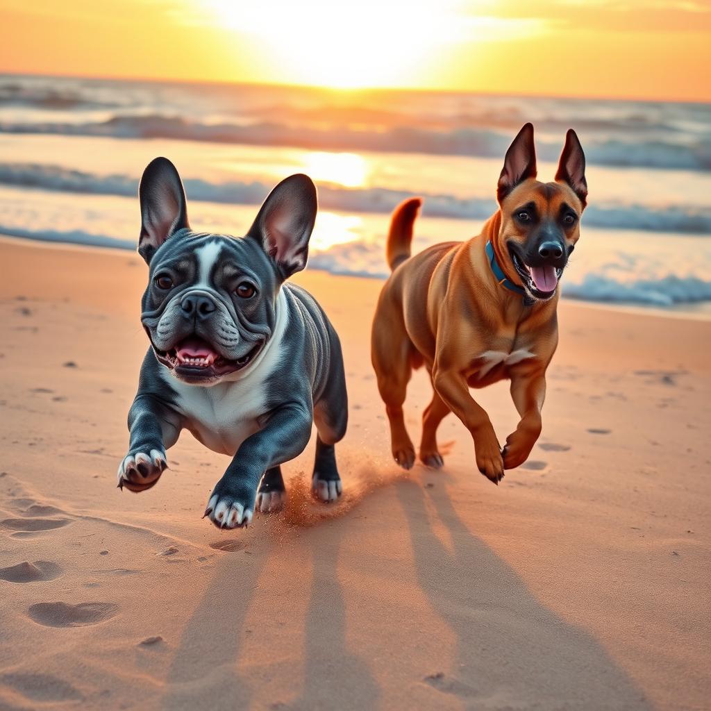 A vibrant and lively scene depicting a blue merle French Bulldog with a striking gray and white coat playfully racing alongside a brown Belgian Malinois on the seashore at sunrise