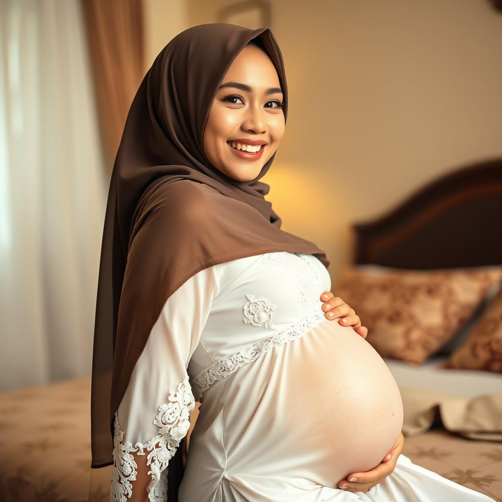 A beautiful 20-year-old Indonesian woman, fully covered in a hijab, with fair skin and thin lips, smiling charmingly