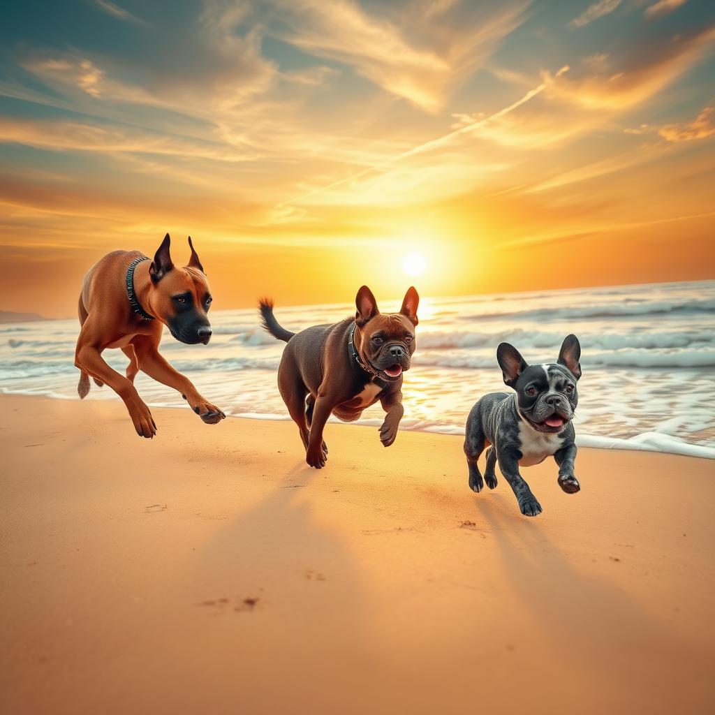 A vibrant scene featuring a large brown Belgian Malinois energetically chasing a smaller blue merle French Bulldog with a striking gray and white batik pattern along the shoreline at sunrise