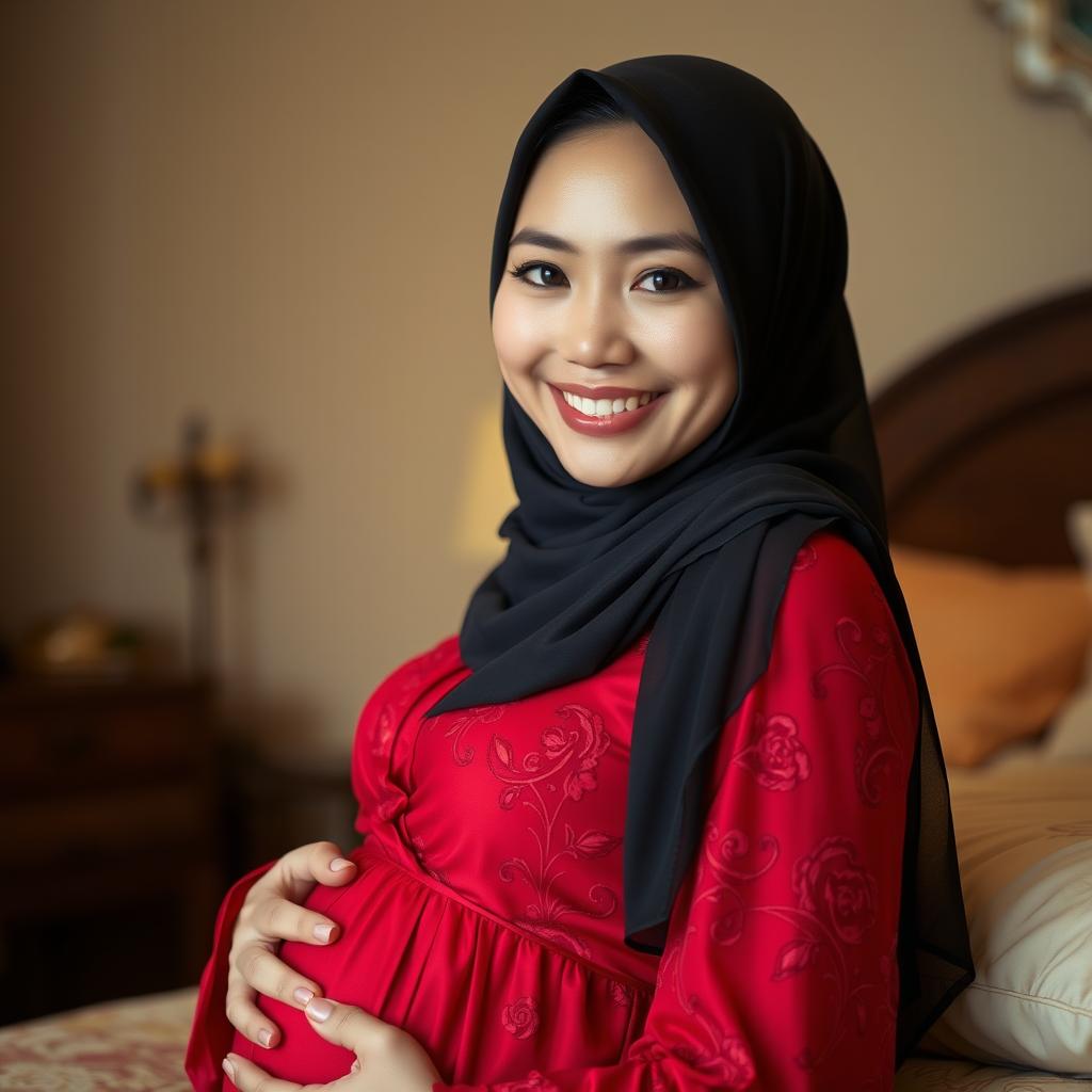 A beautiful 20-year-old Indonesian woman, fully covered in a hijab, with fair skin and thin lips, smiling gently and charmingly