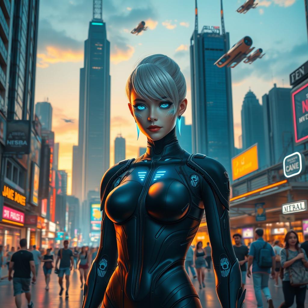 A futuristic cityscape at sunset, showcasing towering skyscrapers with neon lights, a bustling street with diverse people in cyberpunk attire