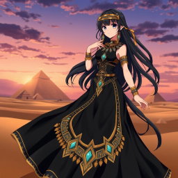 An anime girl wearing a stunning black Egyptian-style dress, characterized by intricate gold and turquoise embellishments
