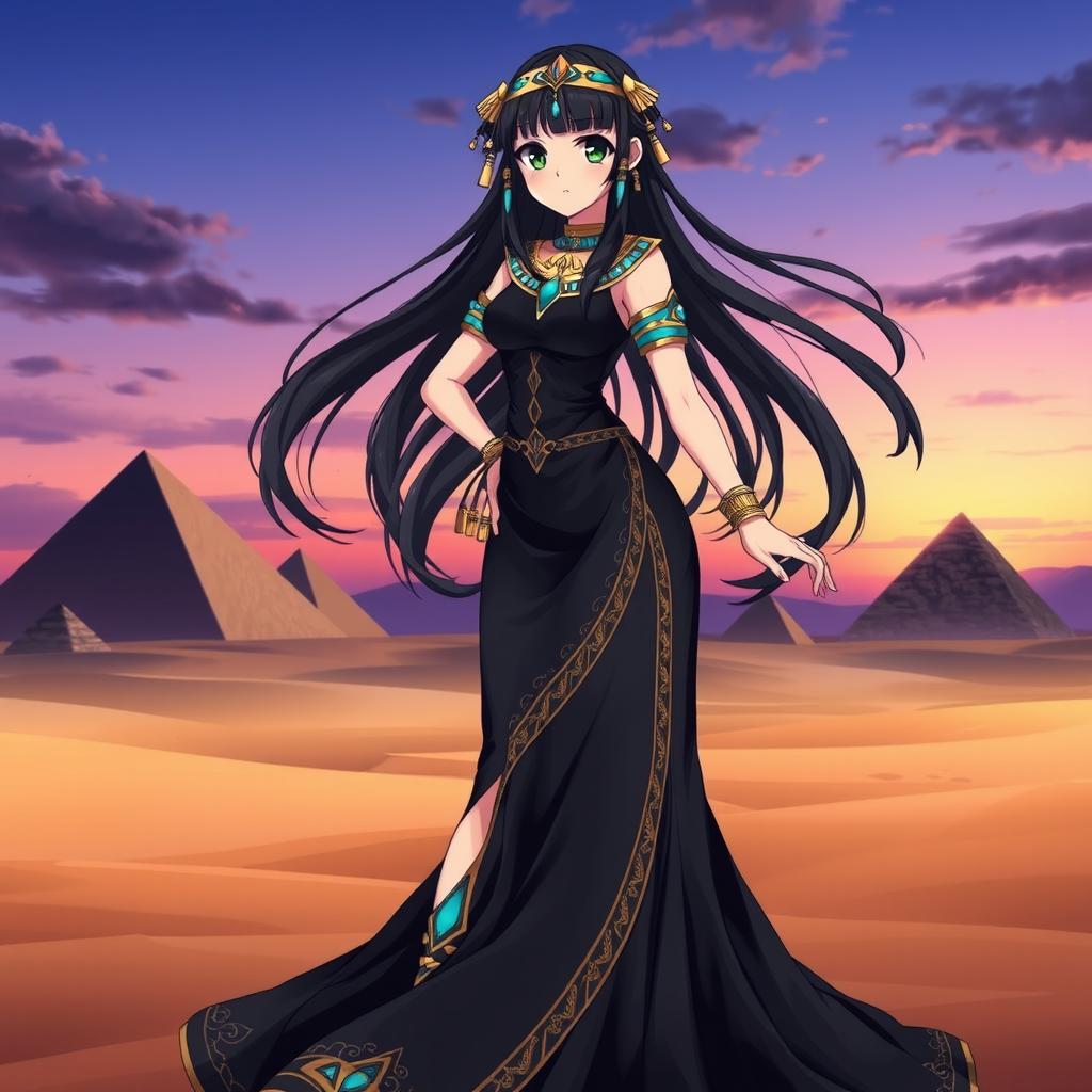 An anime girl wearing a stunning black Egyptian-style dress, characterized by intricate gold and turquoise embellishments