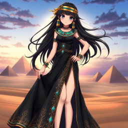 An anime girl wearing a stunning black Egyptian-style dress, characterized by intricate gold and turquoise embellishments