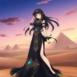 An anime girl wearing a stunning black Egyptian-style dress, characterized by intricate gold and turquoise embellishments