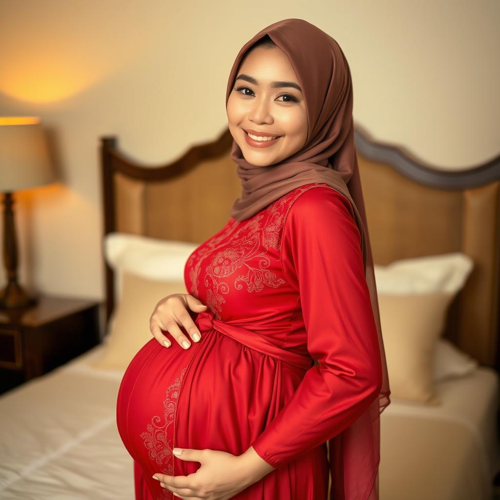 A beautiful 25-year-old Indonesian woman, fully covered in a hijab, with fair skin and thin lips, smiling gently and charmingly