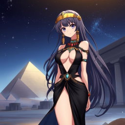 An anime girl wearing a captivating black revealing Egyptian-style dress, showcasing her silhouette with a daring design that features a plunging neckline and strategic cut-outs