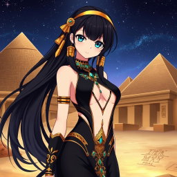 An anime girl wearing a captivating black revealing Egyptian-style dress, showcasing her silhouette with a daring design that features a plunging neckline and strategic cut-outs