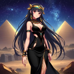 An anime girl wearing a captivating black revealing Egyptian-style dress, showcasing her silhouette with a daring design that features a plunging neckline and strategic cut-outs