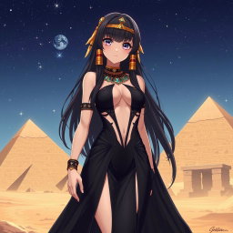 An anime girl wearing a captivating black revealing Egyptian-style dress, showcasing her silhouette with a daring design that features a plunging neckline and strategic cut-outs