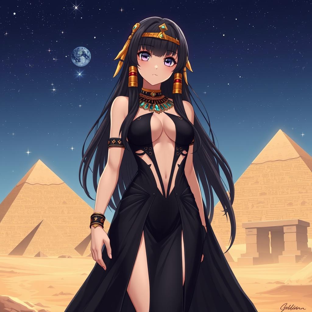 An anime girl wearing a captivating black revealing Egyptian-style dress, showcasing her silhouette with a daring design that features a plunging neckline and strategic cut-outs