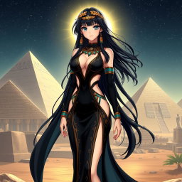 An anime girl clad in a stunning black revealing Egyptian-style dress, featuring a daring plunging neckline and elegant cutouts that highlight her figure