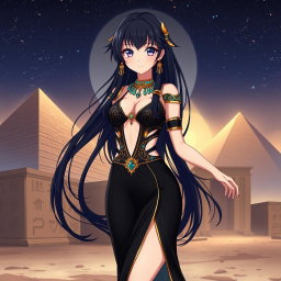 An anime girl clad in a stunning black revealing Egyptian-style dress, featuring a daring plunging neckline and elegant cutouts that highlight her figure