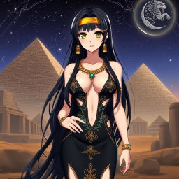 An anime girl clad in a stunning black revealing Egyptian-style dress, featuring a daring plunging neckline and elegant cutouts that highlight her figure