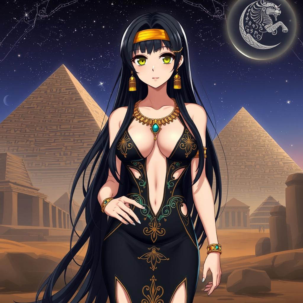 An anime girl clad in a stunning black revealing Egyptian-style dress, featuring a daring plunging neckline and elegant cutouts that highlight her figure