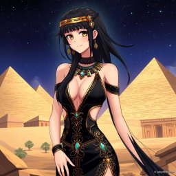 An anime girl clad in a stunning black revealing Egyptian-style dress, featuring a daring plunging neckline and elegant cutouts that highlight her figure