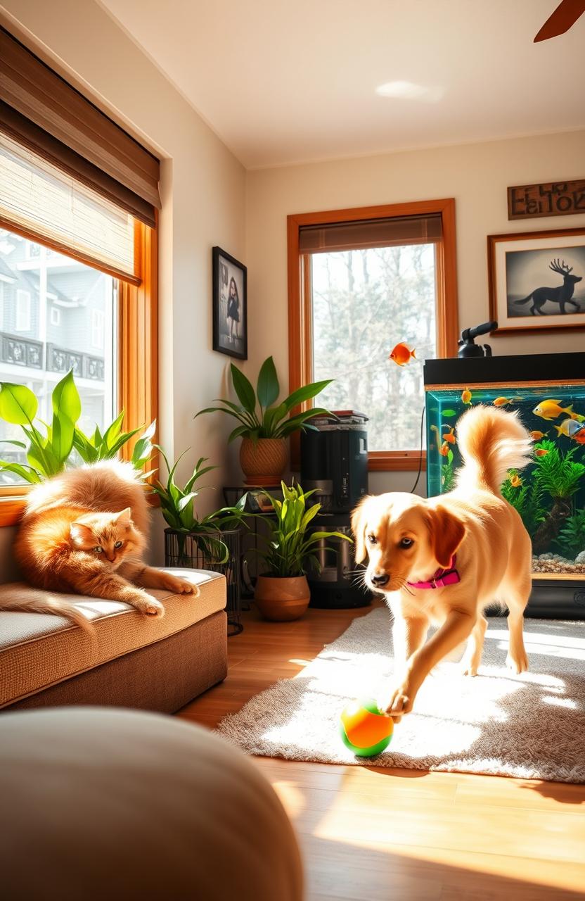 A cozy living room scene showcasing a favorite pet collection: a fluffy ginger cat lounging lazily on a sunny windowsill, a playful golden retriever with a wagging tail chasing a colorful rubber ball on the floor, and a serene aquarium filled with vibrant tropical fish swimming among lush green plants and decorative pebbles