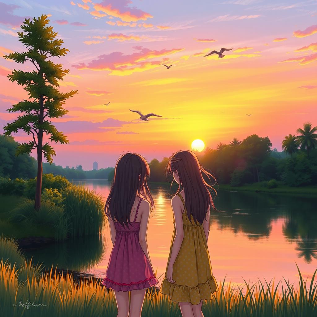 Two girls standing beside a tranquil river during the evening, surrounded by lush greenery and a tall tree