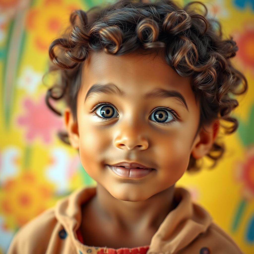 A five-year-old boy with an expression full of curiosity and wonder, featuring medium skin tone, and captivating honey-colored eyes