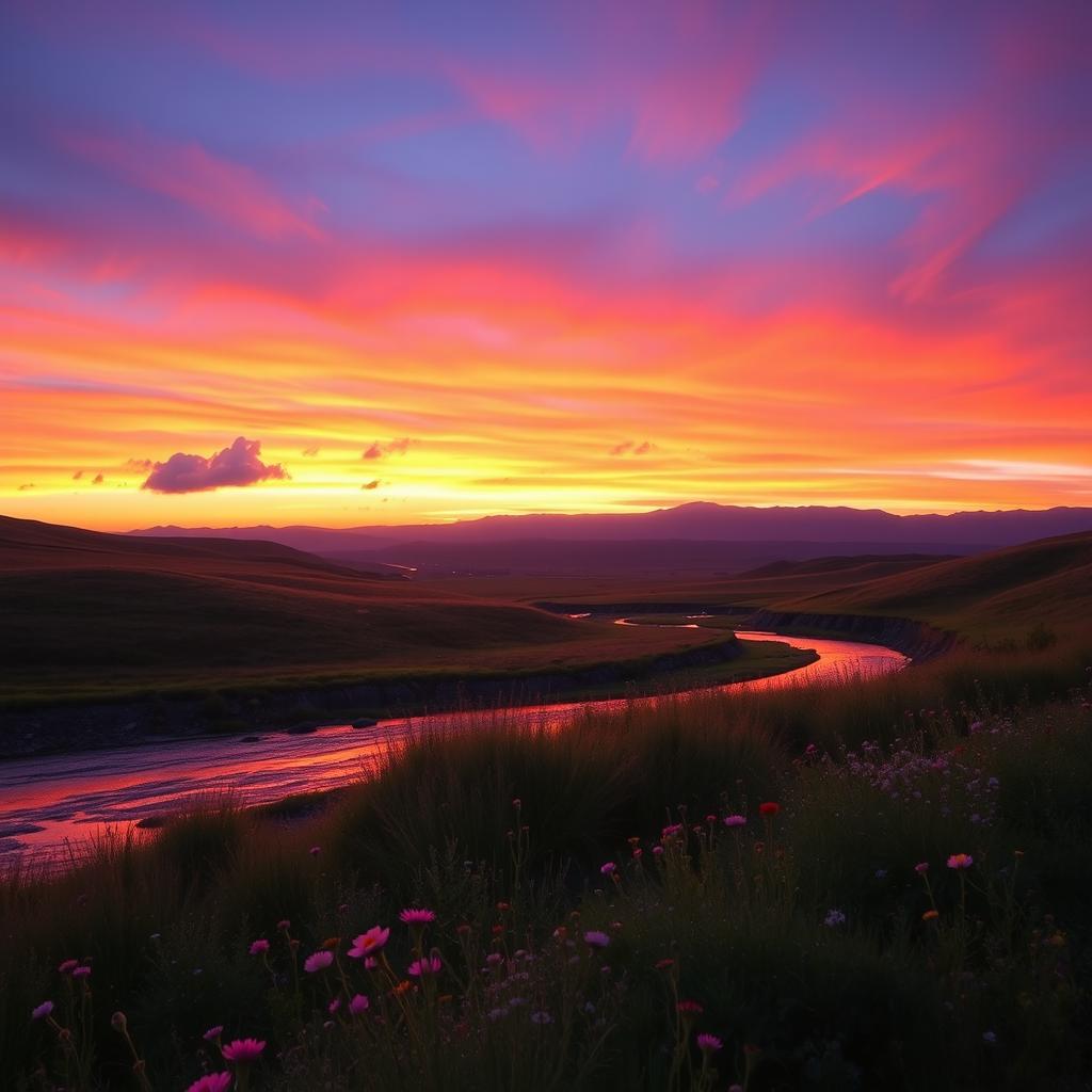 A serene landscape featuring a vibrant sunset over rolling hills