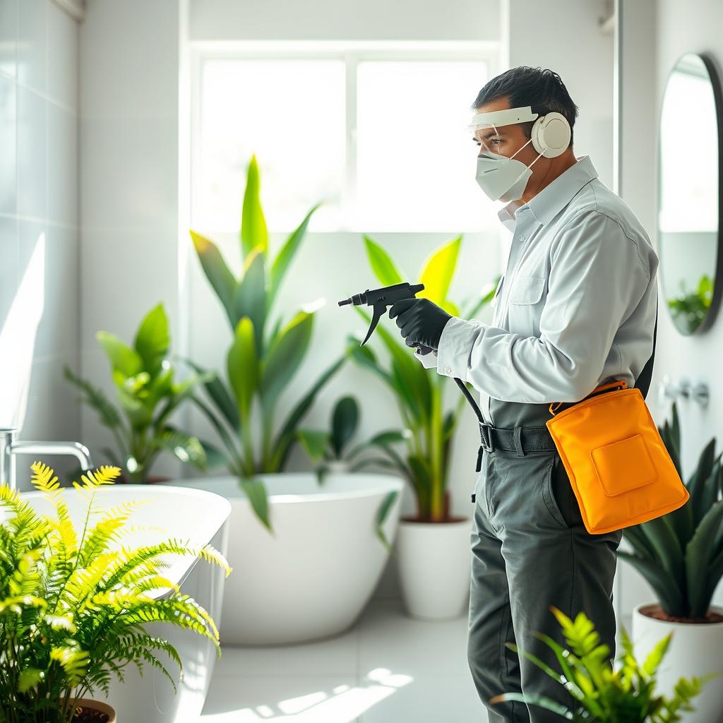 A professional pest control technician in action, wearing a clean uniform and safety gear, spraying pesticide in a modern bathroom full of greenery