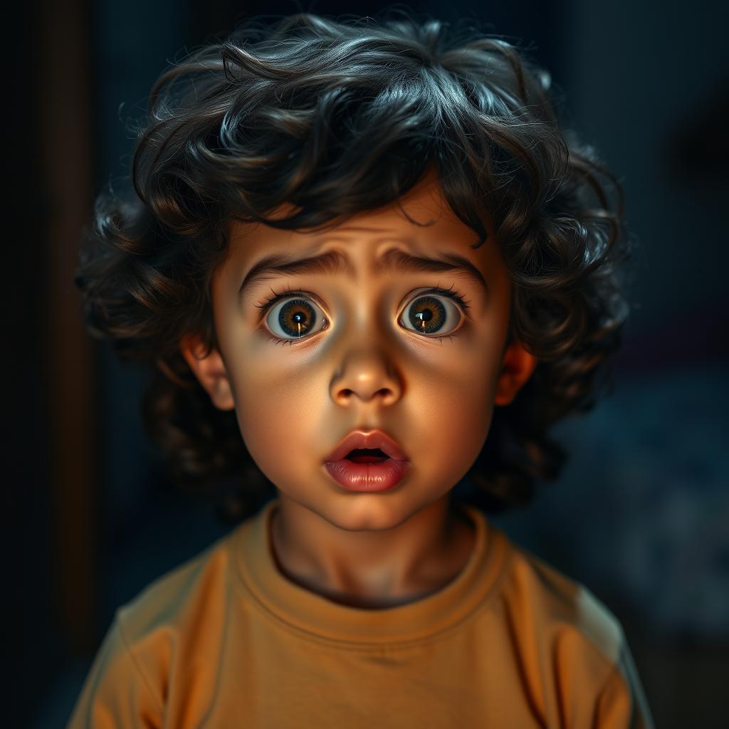 A five-year-old boy with medium brown skin, hazel eyes, and long curly hair