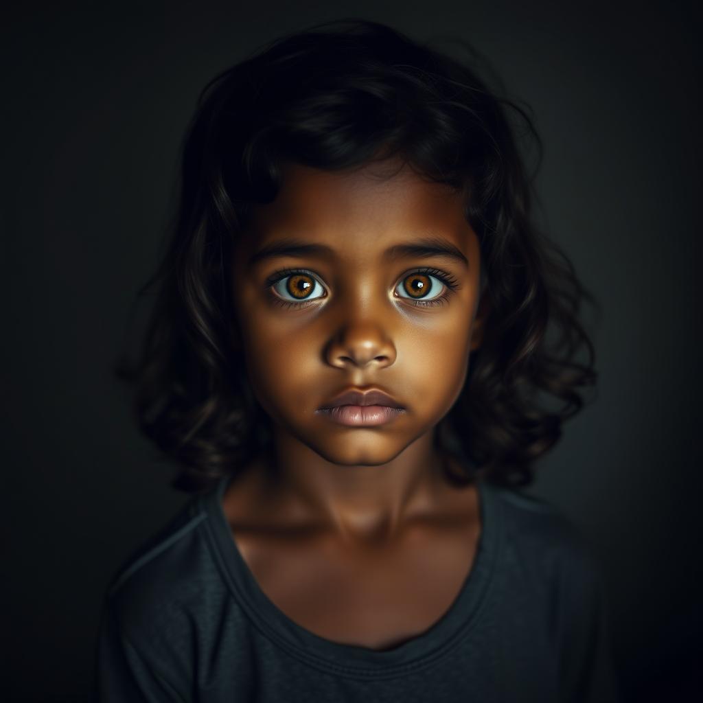 A five-year-old boy with medium brown skin, featuring striking honey-colored eyes and long, curly hair