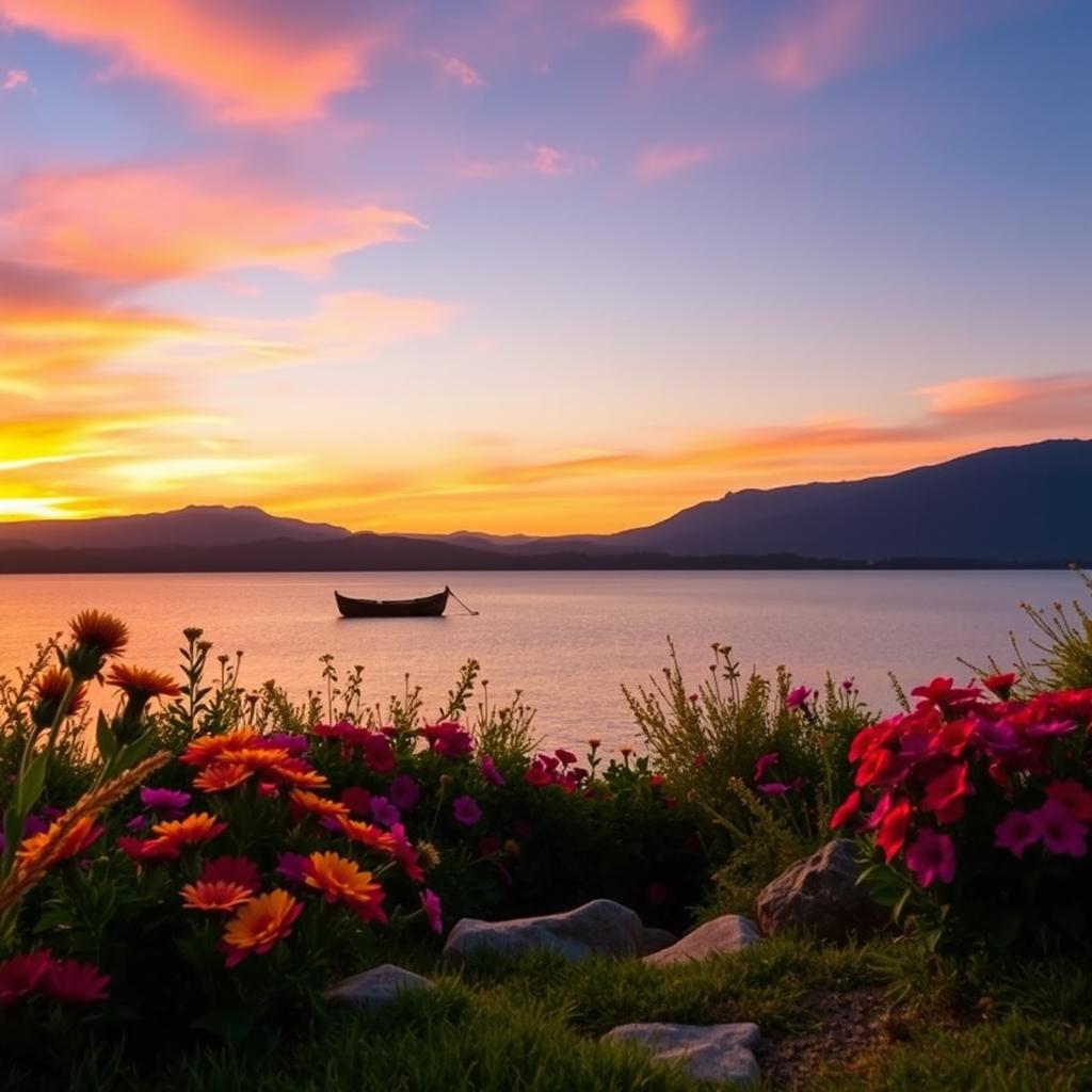 A scenic view featuring a beautiful sunset over a tranquil lake, surrounded by lush greenery and colorful flowers in full bloom