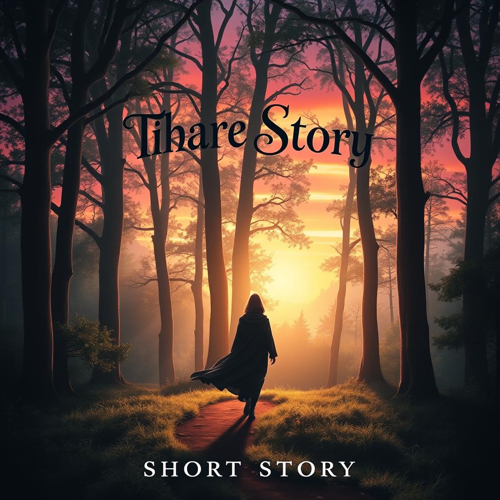A captivating book cover design for a short story, featuring a mystical forest with tall, ancient trees and soft, dappled sunlight filtering through the leaves