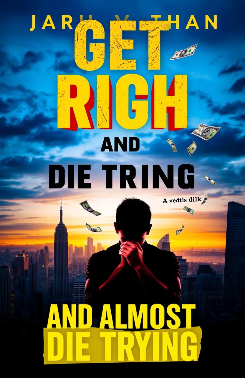 A striking book cover design featuring the title "Get Rich and Almost Die Trying" in bold, eye-catching typography