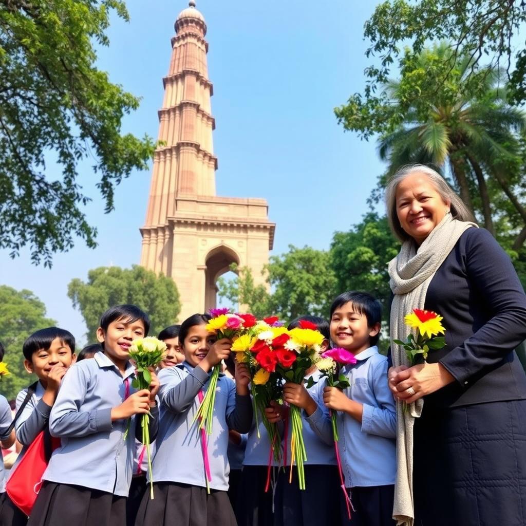 A heartwarming scene at the Shaheed Minar, where a group of enthusiastic students is joyfully presenting colorful flowers to the iconic monument, representing honor and respect