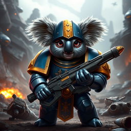 A Koala designed as Titus from Warhammer 40K, featuring distinctive armor like the Space Marines, with a deep blue and gold color scheme, large shoulder pads, and a helmet resembling that of a Space Marine but adapted for the Koala's head