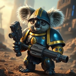 A Koala designed as Titus from Warhammer 40K, featuring distinctive armor like the Space Marines, with a deep blue and gold color scheme, large shoulder pads, and a helmet resembling that of a Space Marine but adapted for the Koala's head