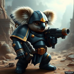 A Koala designed as Titus from Warhammer 40K, featuring distinctive armor like the Space Marines, with a deep blue and gold color scheme, large shoulder pads, and a helmet resembling that of a Space Marine but adapted for the Koala's head