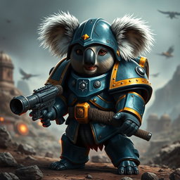 A Koala designed as Titus from Warhammer 40K, featuring distinctive armor like the Space Marines, with a deep blue and gold color scheme, large shoulder pads, and a helmet resembling that of a Space Marine but adapted for the Koala's head