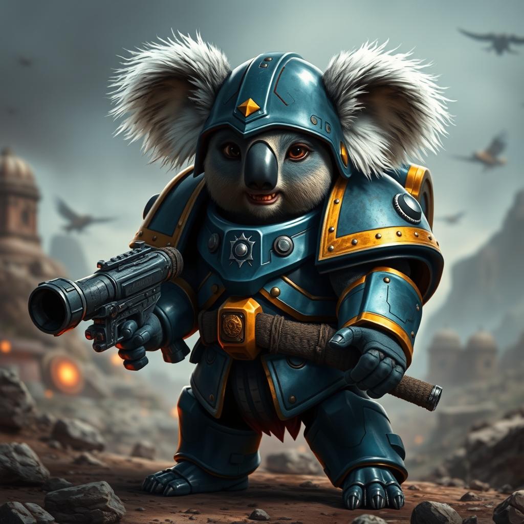 A Koala designed as Titus from Warhammer 40K, featuring distinctive armor like the Space Marines, with a deep blue and gold color scheme, large shoulder pads, and a helmet resembling that of a Space Marine but adapted for the Koala's head