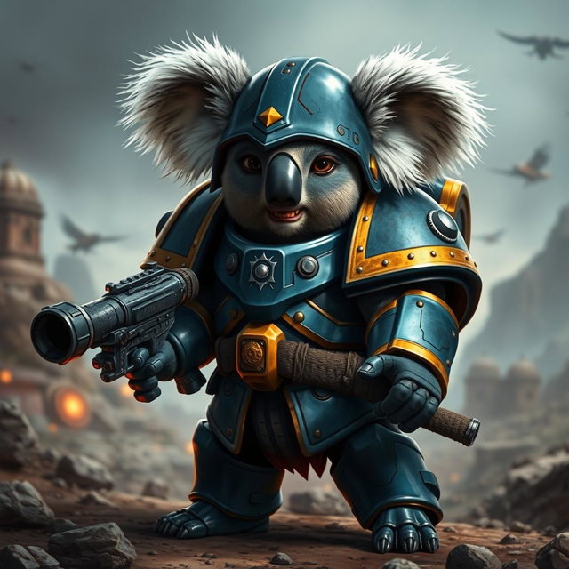 A Koala designed as Titus from Warhammer 40K, featuring distinctive armor like the Space Marines, with a deep blue and gold color scheme, large shoulder pads, and a helmet resembling that of a Space Marine but adapted for the Koala's head