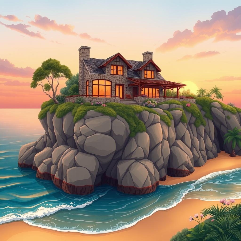 An illustration of a stunning stone house perched atop a cliff overlooking a beautiful beach