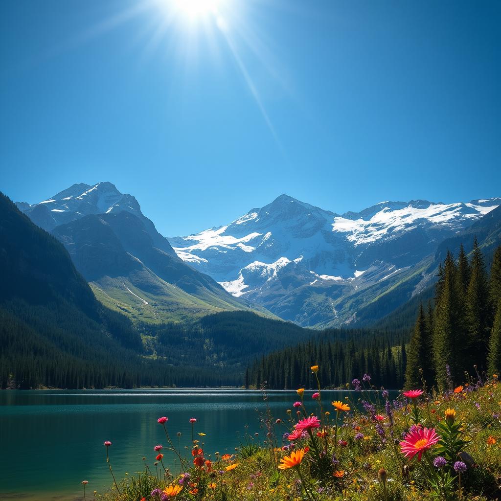 A stunning landscape featuring a majestic mountain range under a clear blue sky