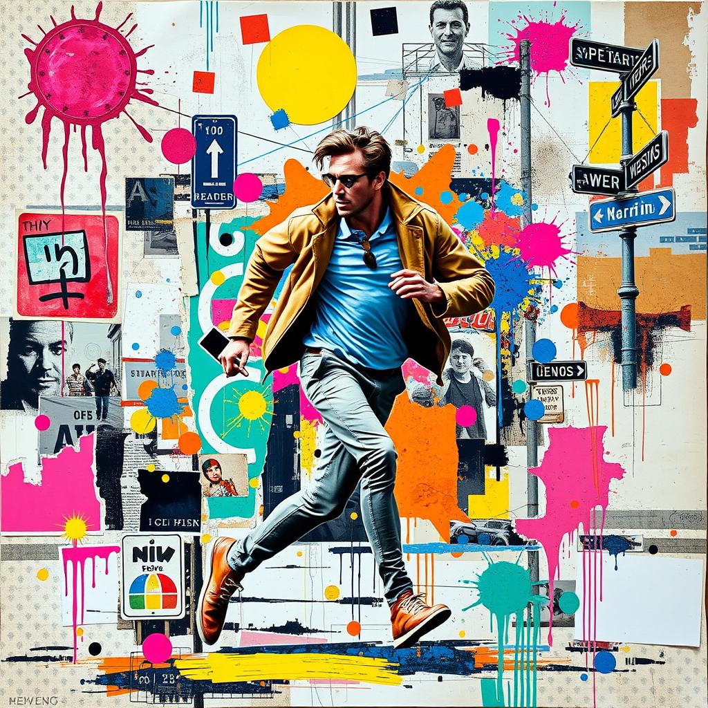 A vibrant and dynamic collage depicting a runaway man, showcasing a mix of contemporary art styles and materials