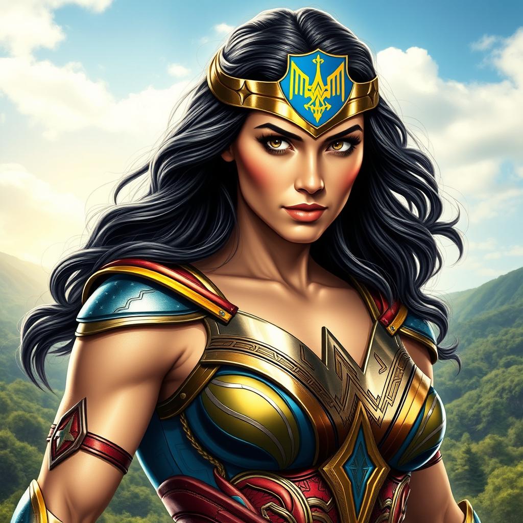 A realistic portrayal of Wonder Woman, showcasing her iconic costume infused with Ukrainian elements