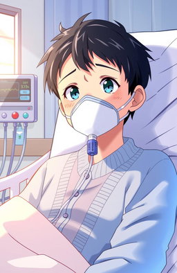 An anime-style illustration featuring a Japanese boy in a hospital room, wearing an oxygen mask and a soft blue cardigan