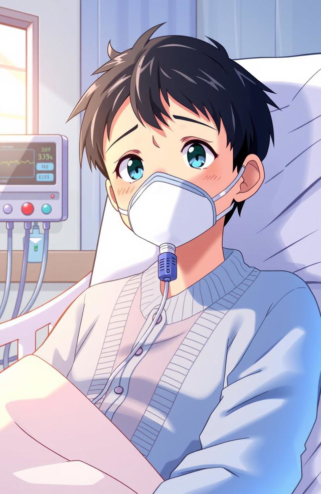An anime-style illustration featuring a Japanese boy in a hospital room, wearing an oxygen mask and a soft blue cardigan