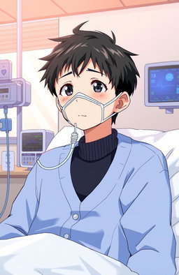 An anime-style illustration featuring a Japanese boy in a hospital room, wearing an oxygen mask and a soft blue cardigan