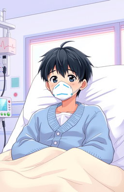 An anime-style illustration featuring a Japanese boy in a hospital room, wearing an oxygen mask and a soft blue cardigan