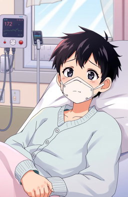 An anime-style illustration featuring a Japanese boy in a hospital room, wearing an oxygen mask and a soft blue cardigan