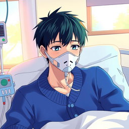 An anime-style illustration featuring a Japanese male in a hospital room, wearing an oxygen mask and a cozy blue cardigan