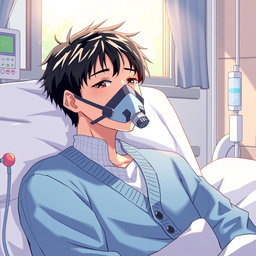 An anime-style illustration featuring a Japanese male in a hospital room, wearing an oxygen mask and a cozy blue cardigan