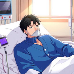 An anime-style illustration featuring a Japanese male in a hospital room, wearing an oxygen mask and a cozy blue cardigan